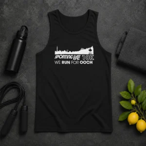 Official Sporting Life 10k We Run For Ooch Tank Top in white with logo print, sleeveless athletic wear