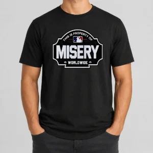 Original Property Of Misery Worldwide t shirt in black with bold white text on front, classic crew neck cotton tee