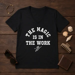 Premium Ben Stiller Jalen Brunson The Magic Is In The Work Signature V Neck Shirt in black, showing front design and V neckline
