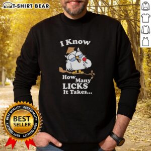 Alt Text: Top White Owl sweatshirt featuring 'I Know How Many Licks It Takes' design, perfect for owl lovers and casual wear.