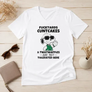 Awesome Snoopy Peanuts Fcktards Cuntcakes And Twatwaffles Are Not Tolerated Here V Neck Shirt in black, featuring bold graphic print