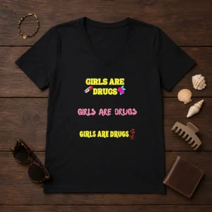Pretty Girls Are Drugs Girls Are Drugs Girls Are Drugs Pill Rose Flower V Neck Shirt featuring bold graphic on soft fabric