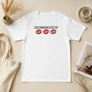 Pretty Excommunicated By Lips t shirt in black with bold graphic print on front, crew neck short sleeve cotton tee