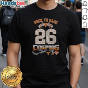 Hot Texas Longhorns 2025 2026 Back To Back National Champions NCAA Softball Shirt displayed on a hanger