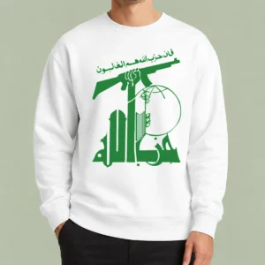 Official Flag Of Hezbollah Sweater in black with bold yellow and green emblem, front view