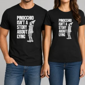 Good Pinocchio Isnt A Story About Lying Pinocchio t shirt in black featuring bold white text design