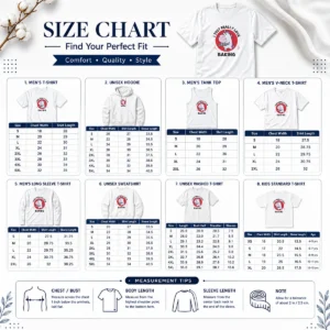 Size chart for Nice Unicorn Holding Baking Tray I Just Really Love Baking with measurements in inches and cm