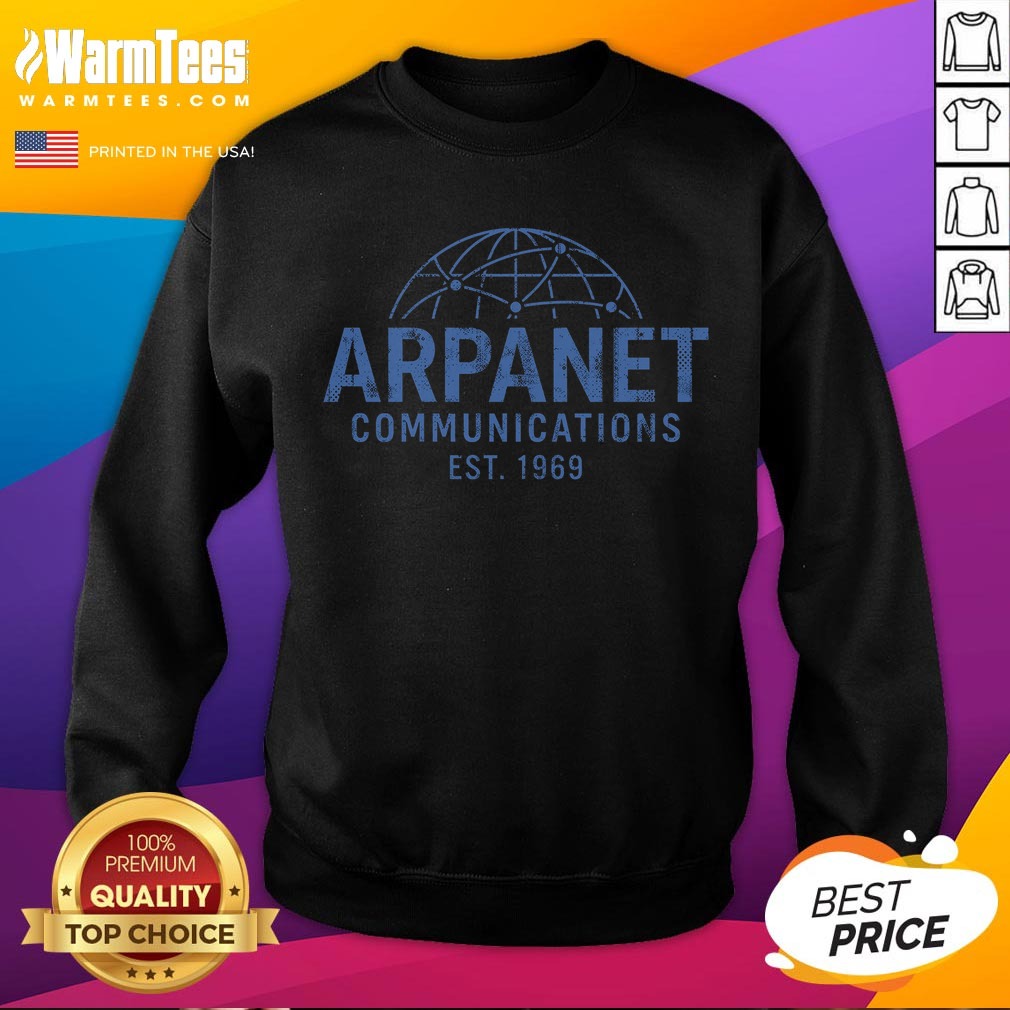 nice-arpanet-communications-sweatshirt Nice Arpanet Communications sweatshirt in charcoal gray with bold retro text design on front