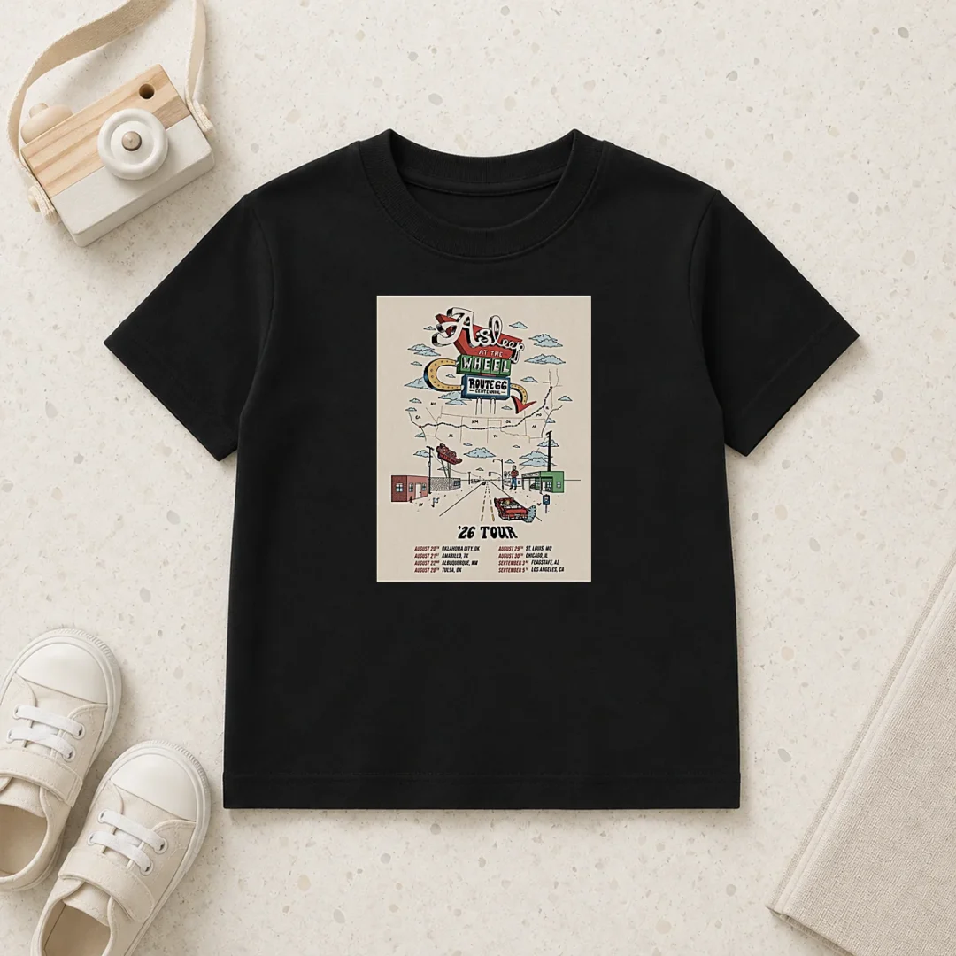 nice-asleep-at-the-wheel-route-66-centennial-2026-shows-shirt-kids-t-shirt Nice Asleep At The Wheel Route 66 Centennial 2026 Shows Kids T Shirt in blue, short sleeve cotton tee for children