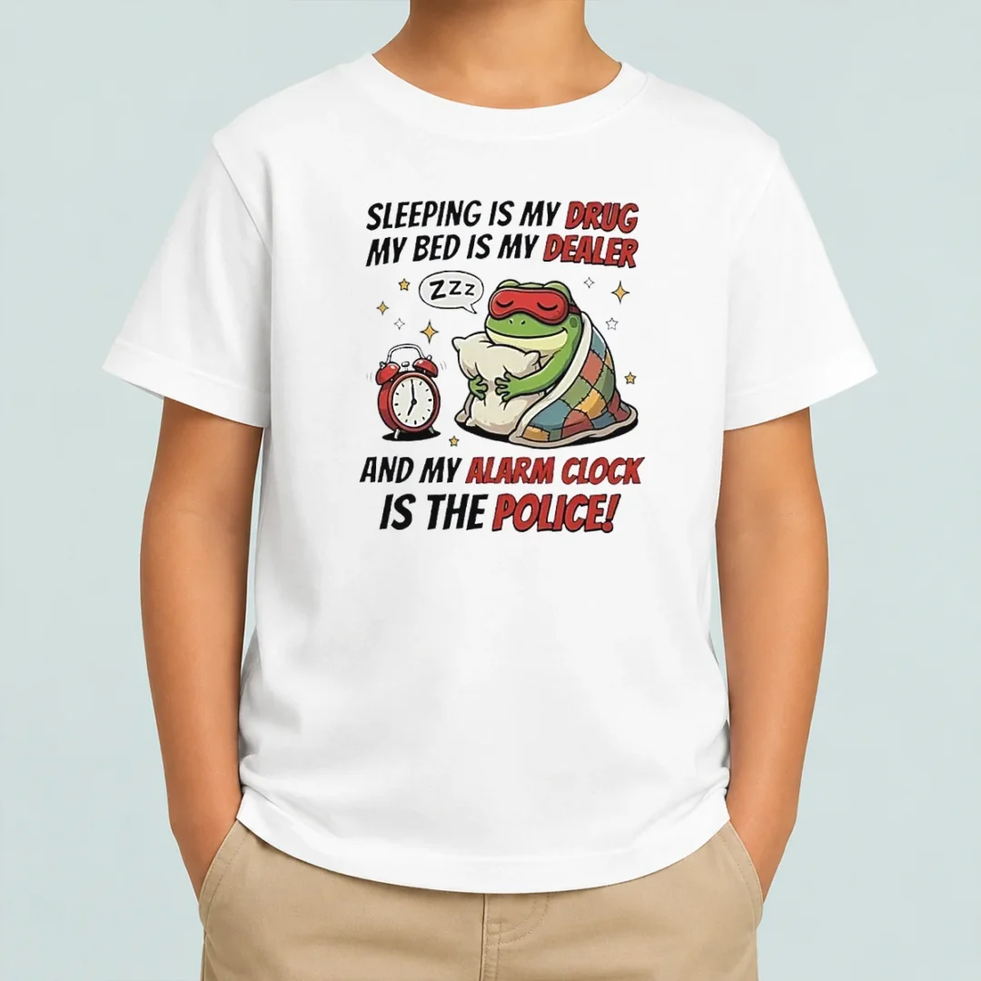 nice-frog-sleeping-is-my-drug-my-bed-is-my-dealer-and-my-alarm-clock-is-the-police-kids-t-shirt Nice Frog Sleeping Is My Drug My Bed Is My Dealer And My Alarm Clock Is The Police Kids T-Shirt