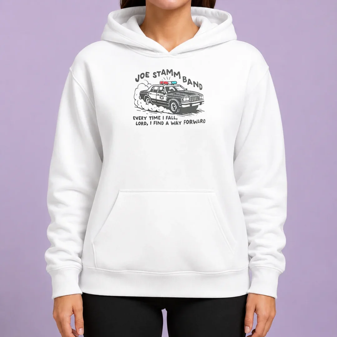 nice-joe-stamm-band-every-time-i-fall-lord-i-find-a-way-forward-police-car-hoodie Nice Joe Stamm Band Every Time I Fall Lord I Find A Way Forward Police Car Hoodie in black, front view with drawstring hood