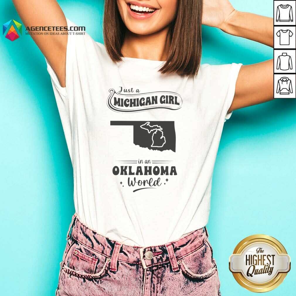 nice-just-a-michigan-girl-in-an-oklahoma-world-v-neck-v-neck-optimized Nice Just A Michigan Girl In An Oklahoma World v neck optimized women's fitted V-neck shirt in light heather gray