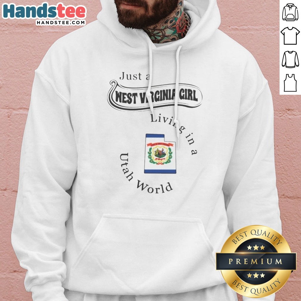 nice-just-a-west-virginia-girl-living-in-a-utah-world-hoodie Nice Just A West Virginia Girl Living In A Utah World Hoodie in charcoal gray, front view with printed text design