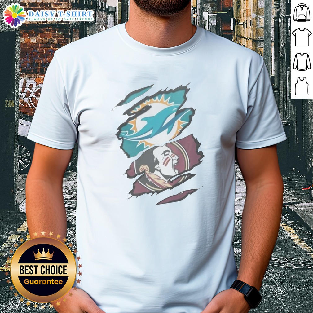 Nice Miami Dolphins Florida State Seminoles NFL NCAA Ripped Effect Shirt Nice Miami Dolphins Florida State Seminoles NFL NCAA Ripped Effect Shirt displayed on a hanger