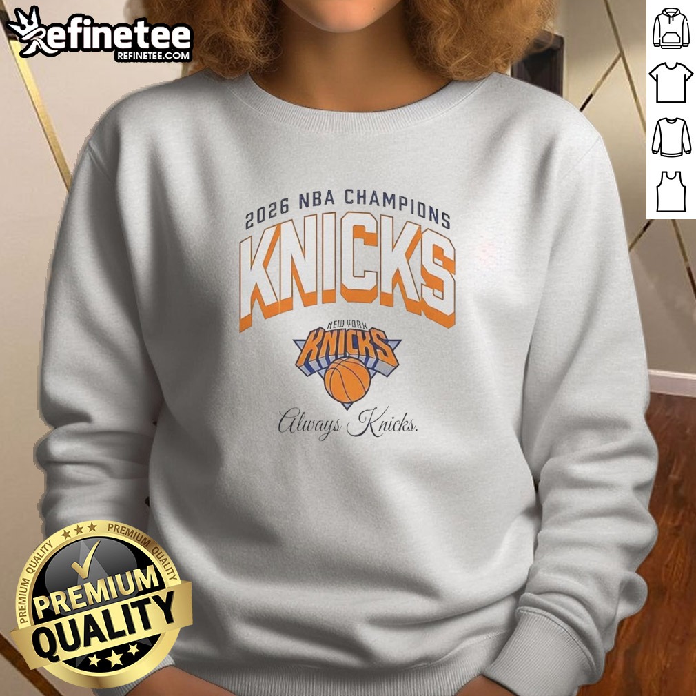 nice-new-york-knicks-2026-nba-champions-2026-curved-always-knicks-sweatshirt Nice New York Knicks 2026 NBA Champions 2026 Curved Always Knicks sweatshirt in navy blue with championship design
