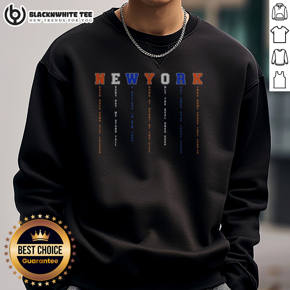nice-new-york-knicks-never-back-down-stay-focused-sweashirt Nice New York Knicks Never Back Down Stay Focused Sweashirt in blue with bold Knicks logo and motivational text