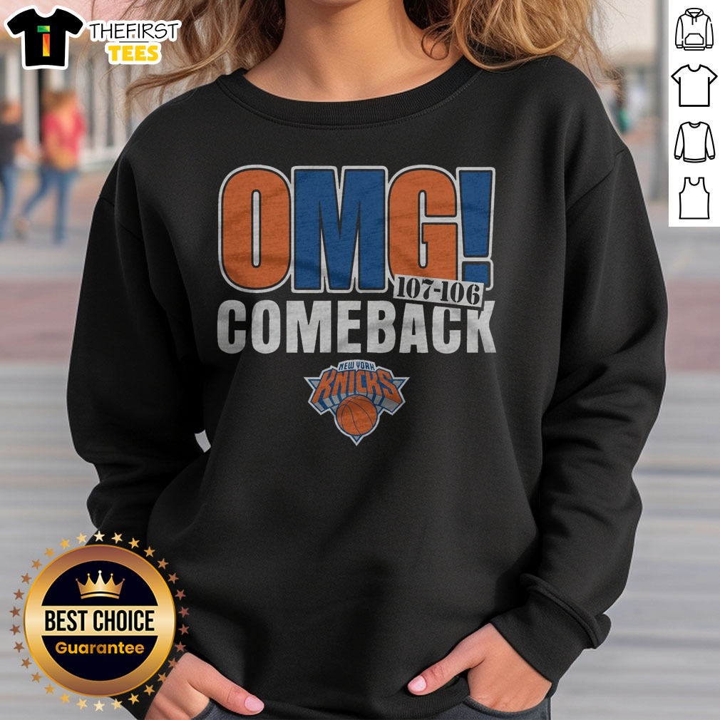 nice-new-york-knicks-omg-comeback-sweatshirt Nice New York Knicks OMG! Comeback Sweatshirt in navy blue with bold Knicks logo and comeback text