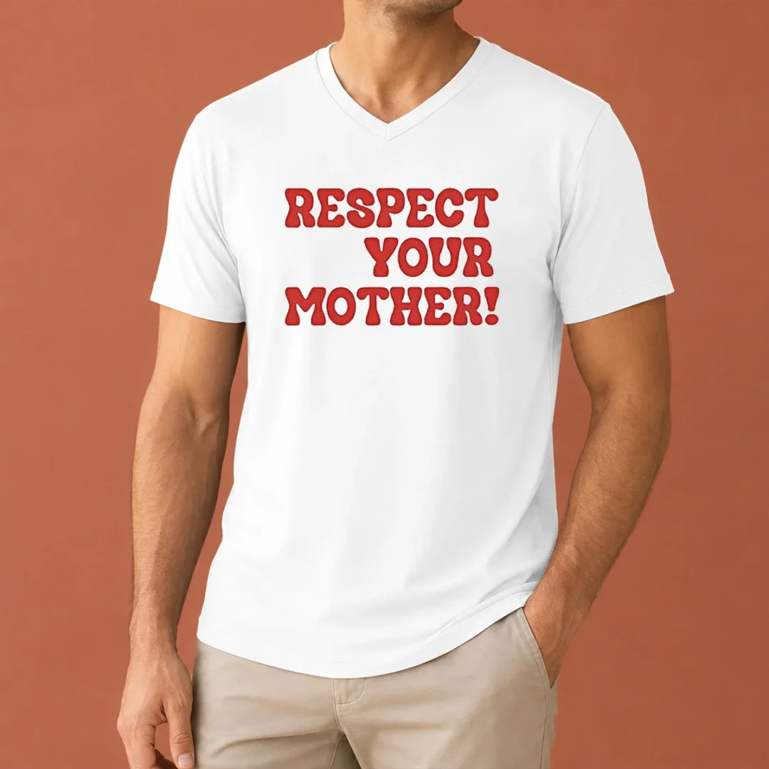 nice-respect-your-mother-v-neck-shirt Nice Respect Your Mother V Neck Shirt displayed on a white background, showing short sleeves and a fitted cut