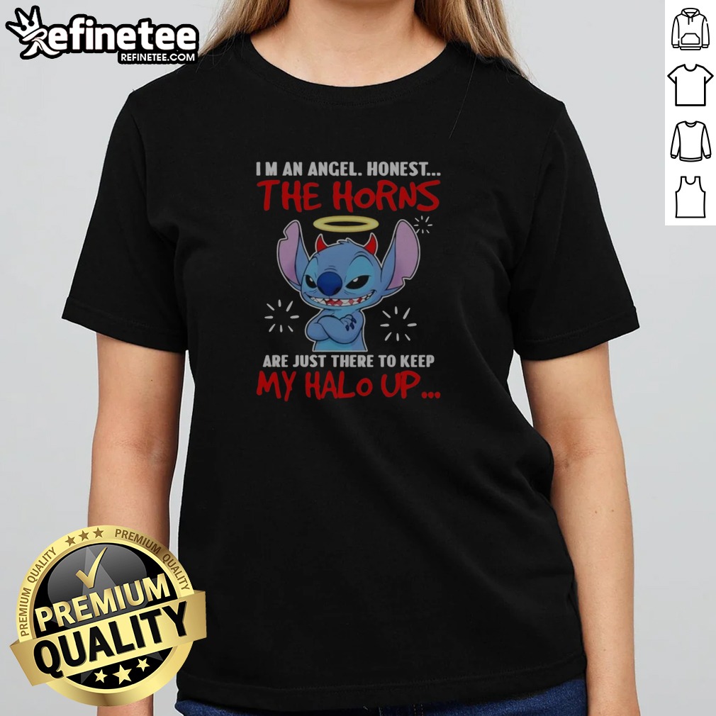 nice-stitch-i-m-an-angel-honest-the-horns-are-just-there-to-keep-my-halo-up-girlt-shirt Nice Stitch I'M An Angel Honest The Horns Are Just There To Keep My Halo Up girlt shirt displayed on a hanger