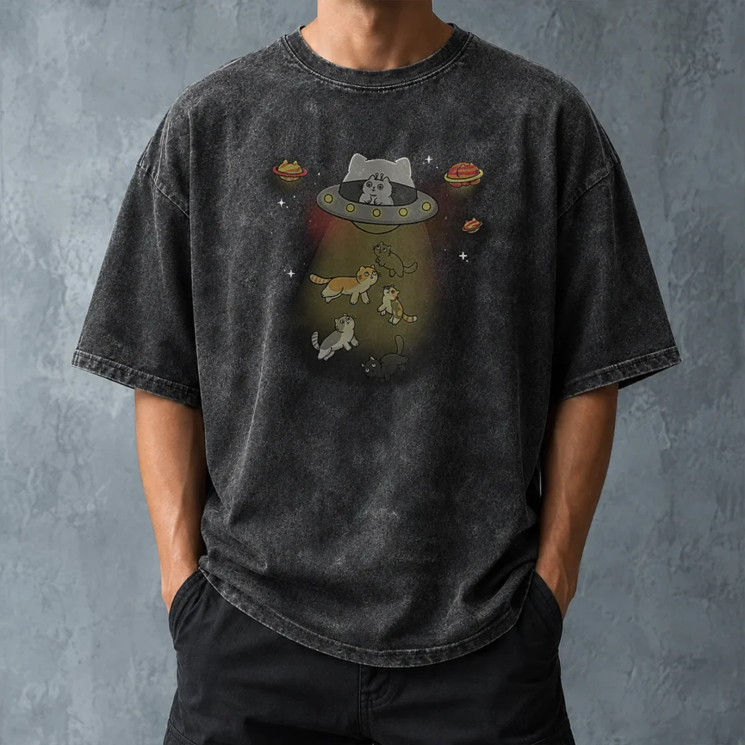 nice-ufo-meow-washed-t-shirt-washed-tshirt Nice UFO Meow Washed T Shirt featuring soft cotton fabric with a faded vintage look in light gray