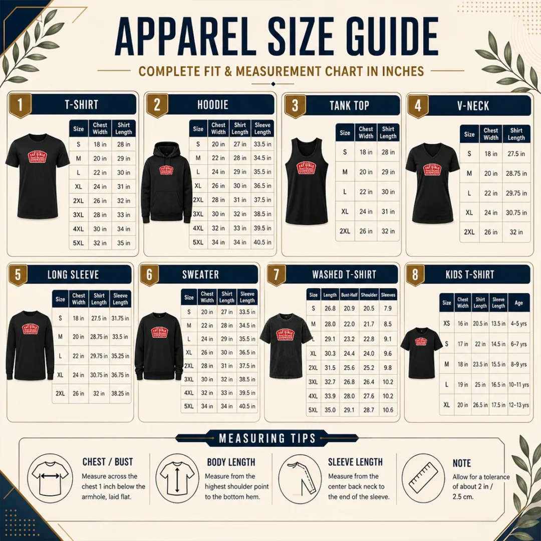 Nice We Like Fat Girls And Fried Bologna Sandwiches On My Momma Patch Size Chart Size chart for Nice We Like Fat Girls And Fried Bologna Sandwiches On My Momma Patch with measurements in inches and cm