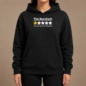 Pretty Tim Burchett 1 Star Very Bad Would Not Recommend Hoodie in black, front view with printed graphic