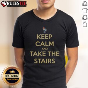 Original Georgia Tech Keep Calm And Take The Stairs Mascot Shirt displayed on a hanger with vibrant colors