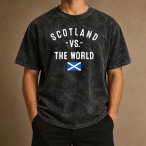 Premium Scotland Vs The World Saltire Flag Scotland Pride National Heritage FIFA World Cup 2026 printed on a washed t shirt