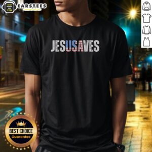 Top Jesusaves Patriotic Christian Pun Bold Text shirt in white, short-sleeve cotton tee with bold red and blue lettering