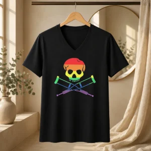 Premium Rainbow Skull And Crutches Pride Symbol Disability Awareness V Neck Shirt in vibrant colors on a soft fabric