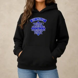 Pretty Why I'Ll Tell You Why Because One Day I Think There'Ll Be Companion Called Petrol Hoodie in black, front view with printed text design