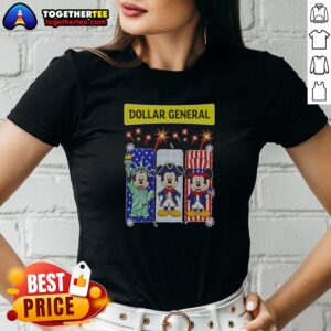 Pretty Dollar General Mickey Mouse Patriotic Characters Ladies shirt featuring classic Mickey in patriotic colors on a comfortable fitted tee