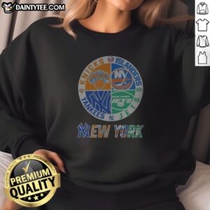 New York Yankees Knicks Islanders Jets 4 Teams Sports Logo Sweatshirt in navy blue with team logos on front