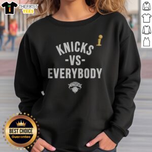 Pretty New York Knicks NBA Finals 2026 Vs. Everybody Sweatshirt in navy blue, front view with bold team graphics