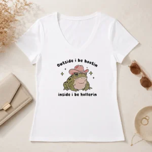 Top Cowboy Frog Outside I Be Hootin Inside I Be Hollerin V-Neck Shirt