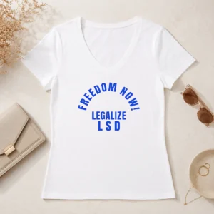 Awesome Freedom Now Legalize LSD Slogan Political V Neck Shirt in black with bold white text on front