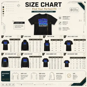 Size chart for Good Raized Wrong But Still Awesome with measurements in inches and cm