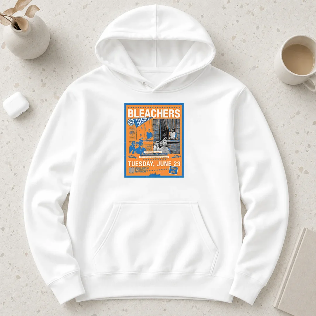 official-bleachers-jun-23-2026-new-york-ny-tour-poster-hoodie Official Bleachers Jun 23 2026 New York NY TOUR Poster Hoodie displayed in charcoal gray with front pouch pocket and drawstring hood