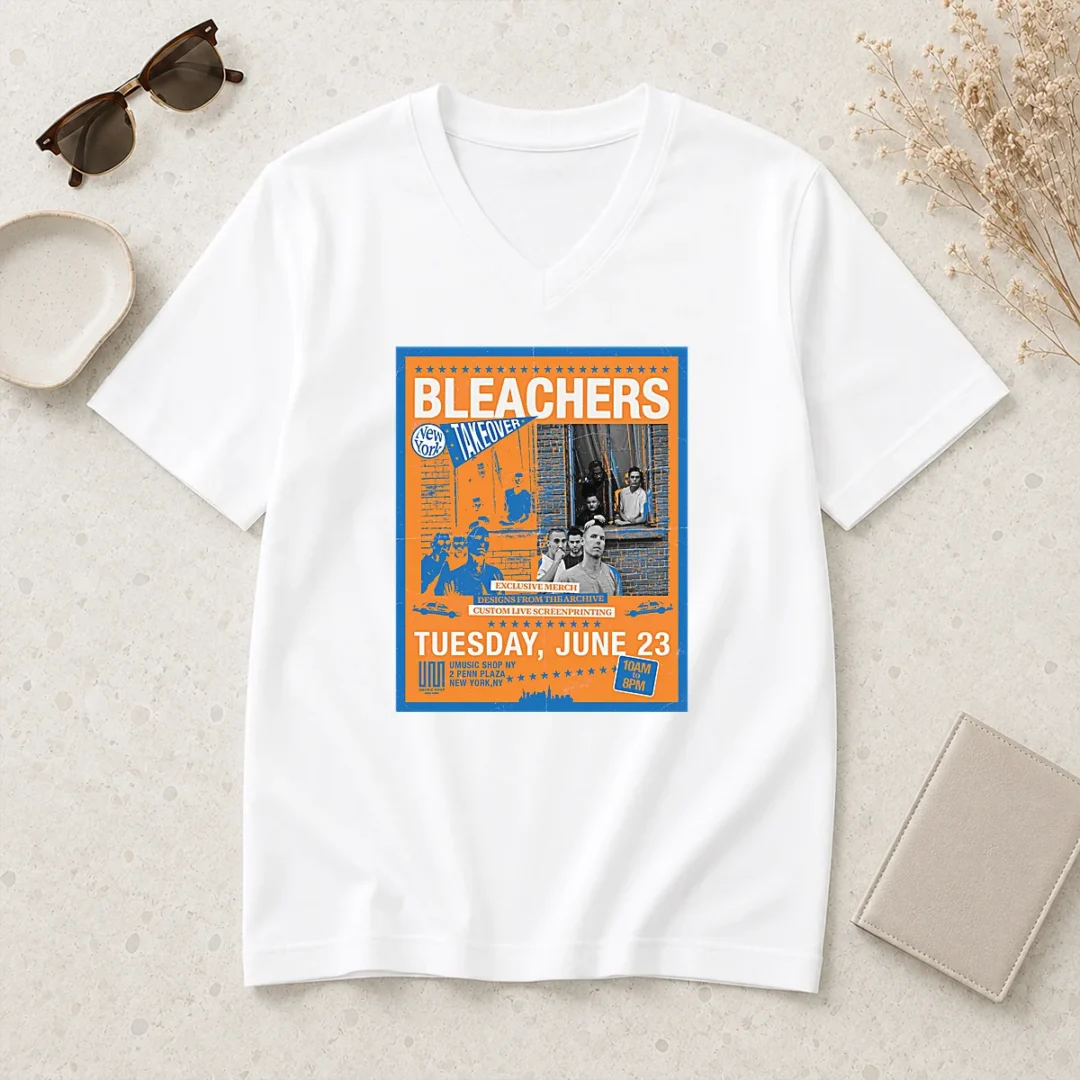 official-bleachers-jun-23-2026-new-york-ny-tour-poster-v-neck-shirt Official Bleachers Jun 23 2026 New York NY TOUR Poster V Neck Shirt in black with white tour date print