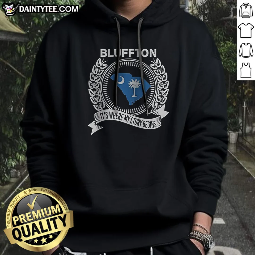 official-blluffton-its-where-my-story-begins-hoodie Official Blluffton Its Where My Story Begins Hoodie in dark gray, front view with drawstrings and kangaroo pocket