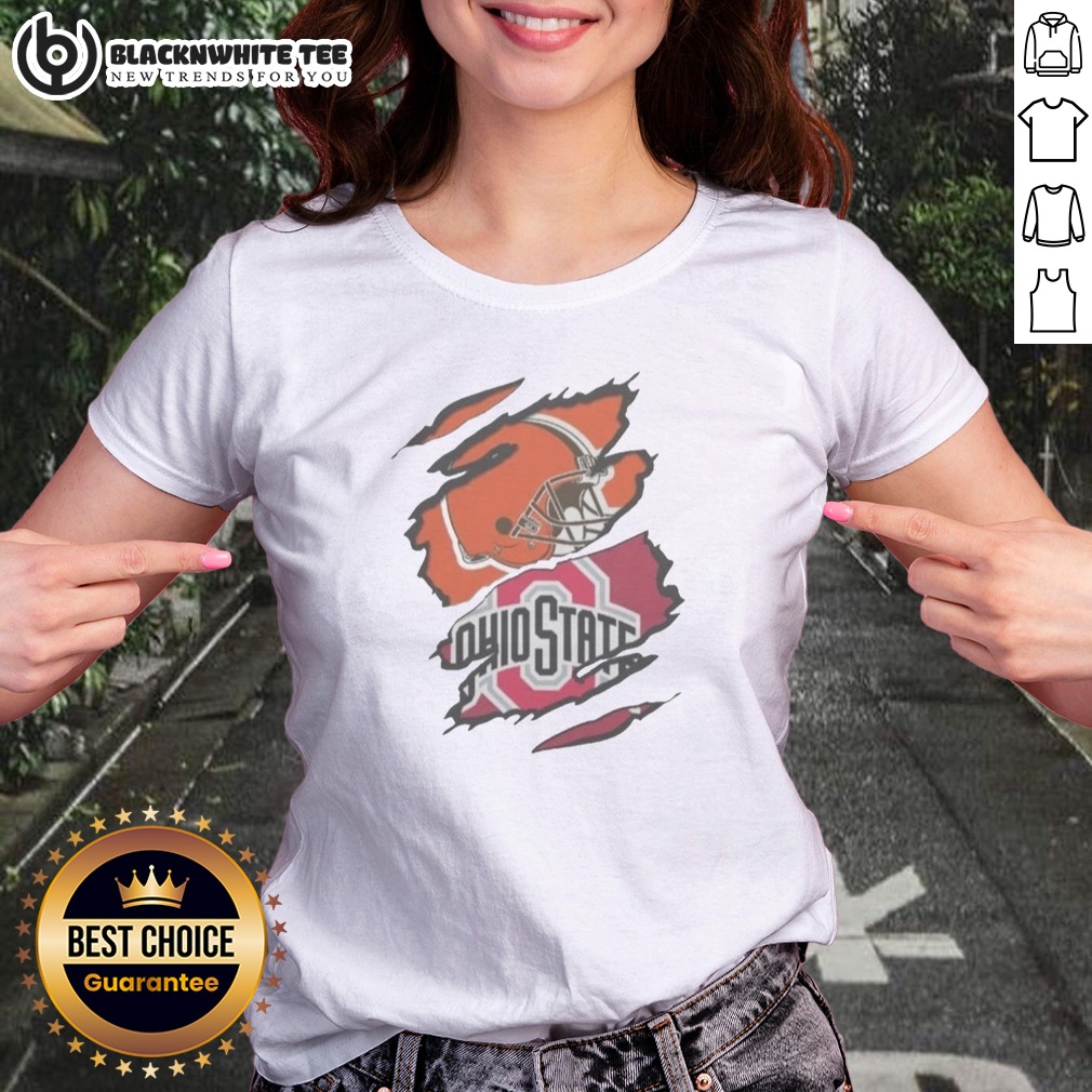 Official Cleveland Browns And Ohio State University Logo Torn Ladies Shirt Official Cleveland Browns And Ohio State University Logo Torn Ladies Shirt featuring a distressed logo design.