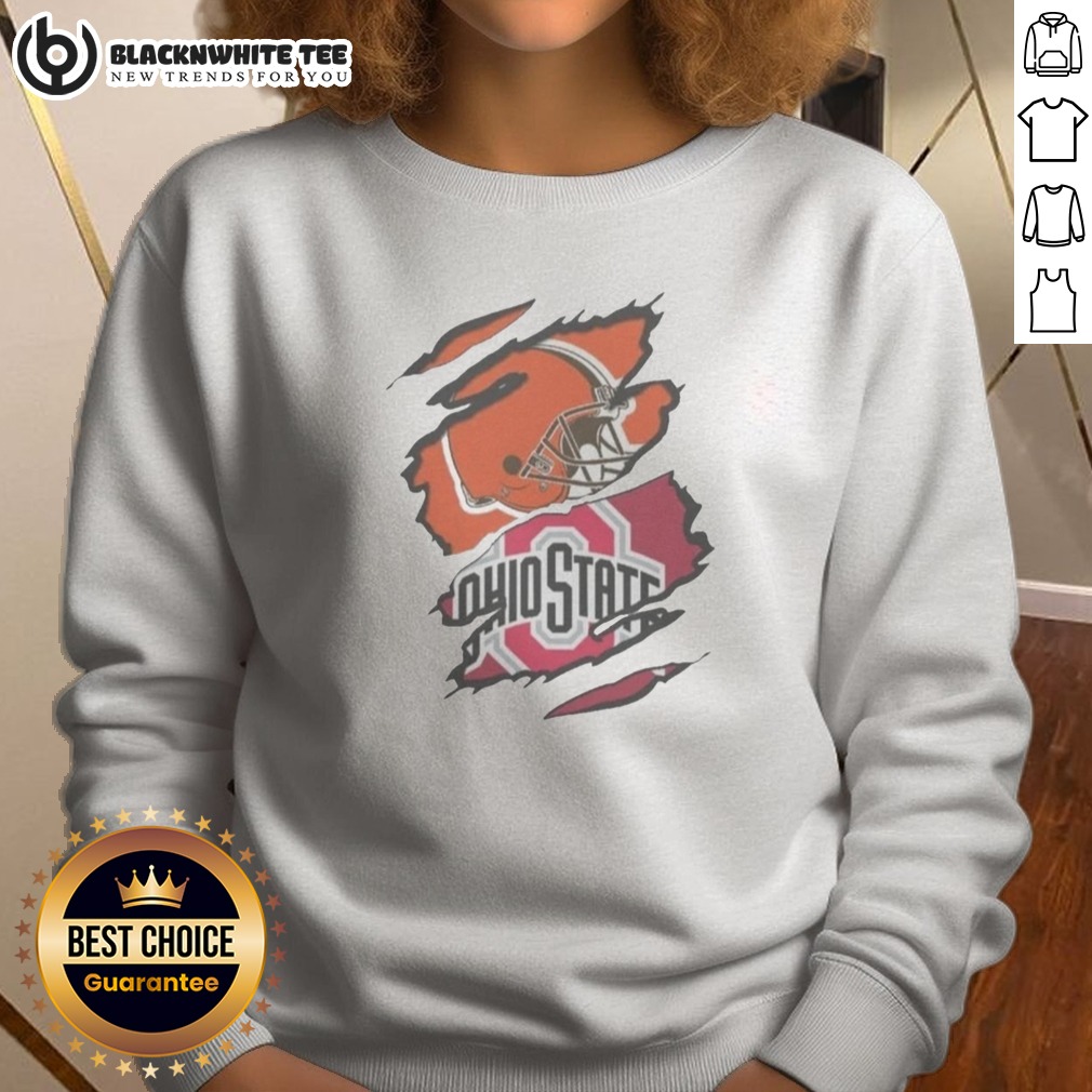 Official Cleveland Browns And Ohio State University Logo Torn Sweatshirt Sweashirt Official Cleveland Browns And Ohio State University Logo Torn Sweatshirt featuring distressed logos
