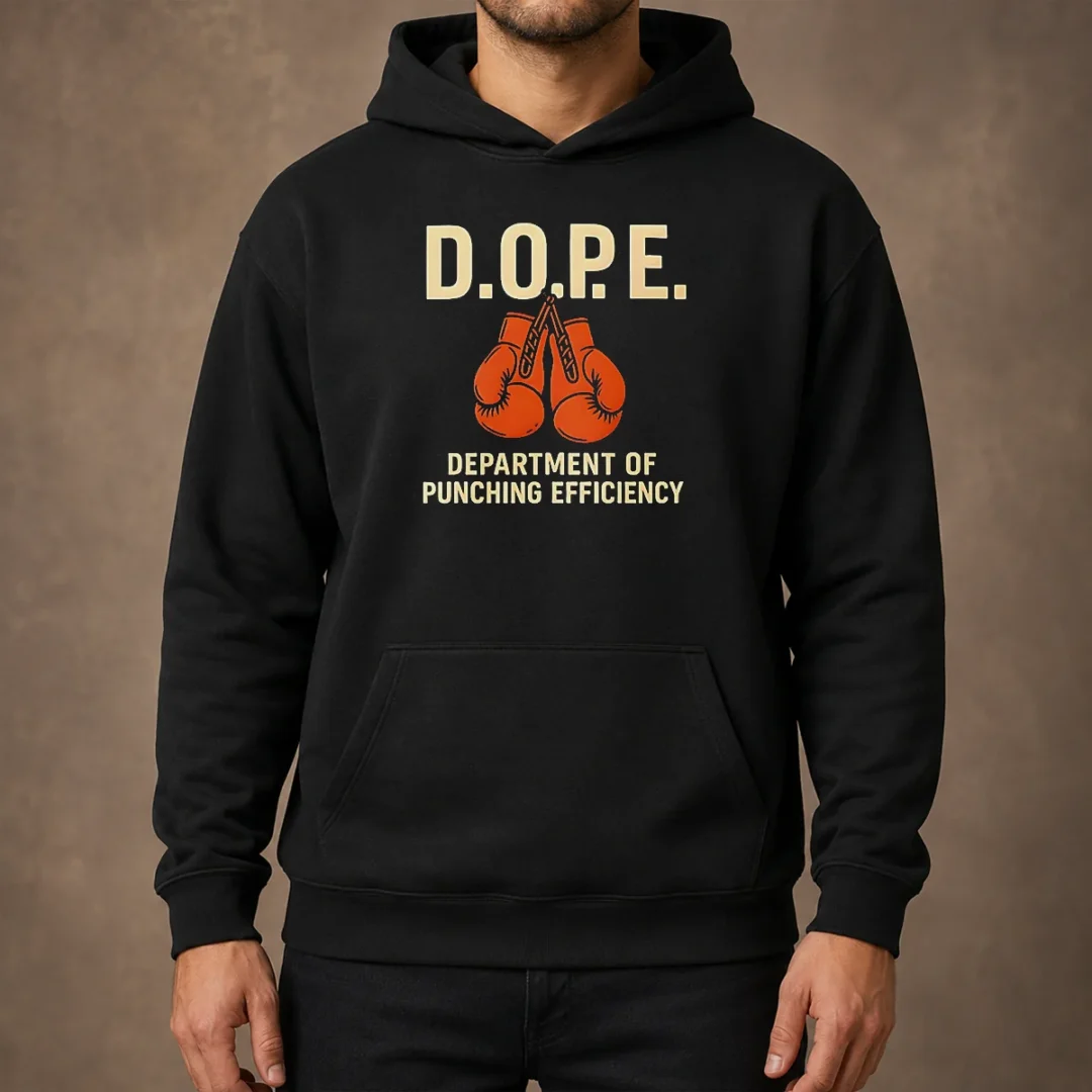 official-dope-department-of-punching-efficiency-hoodie Official DOPE Department Of Punching Efficiency Hoodie in black, front view with bold white logo print