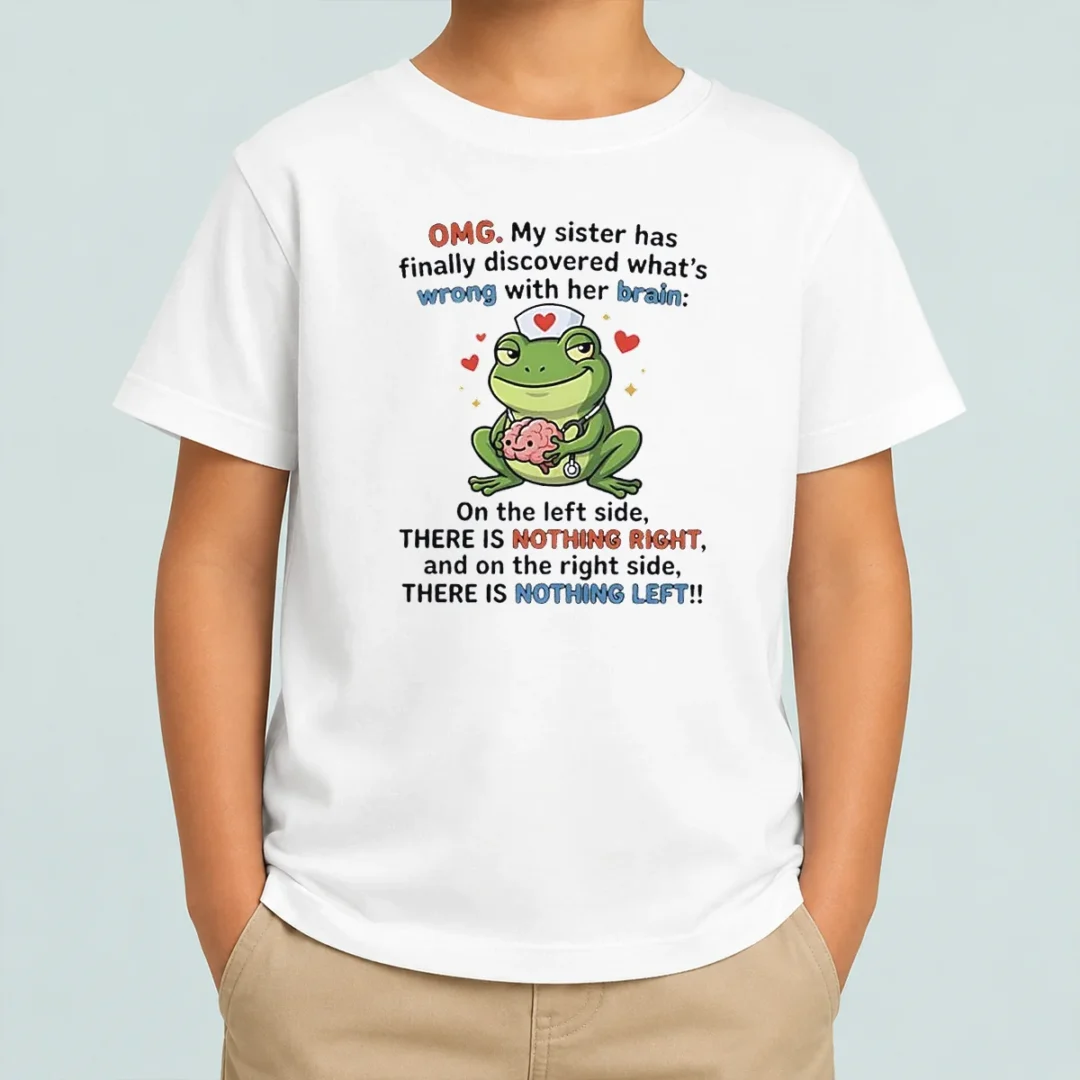 official-frog-omg-my-sister-has-finally-discovered-what-s-wrong-with-her-brain-kids-t-shirt Official Frog Omg My Sister Has Finally Discovered What'S Wrong With Her Brain kids t shirt in navy blue, short sleeves, comfortable fit for children