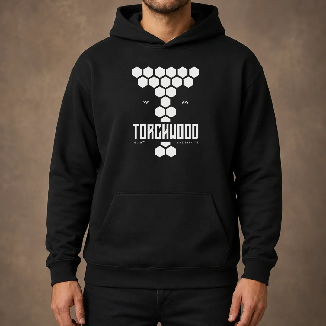official-hex-rift-tech-torchwood-hoodie Official Hex Rift Tech Torchwood Hoodie in charcoal gray with front pocket and adjustable hood