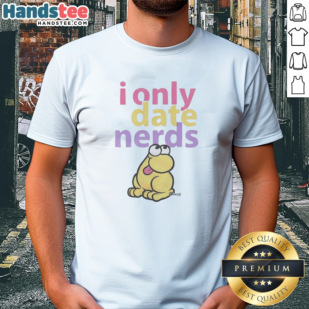 official-i-only-date-nerds-colorful-bold-text-cartoon-worm-character-fun-shirt Official I Only Date Nerds Colorful Bold Text Cartoon Worm Character Fun Shirt with vibrant graphic on a comfortable cotton tee