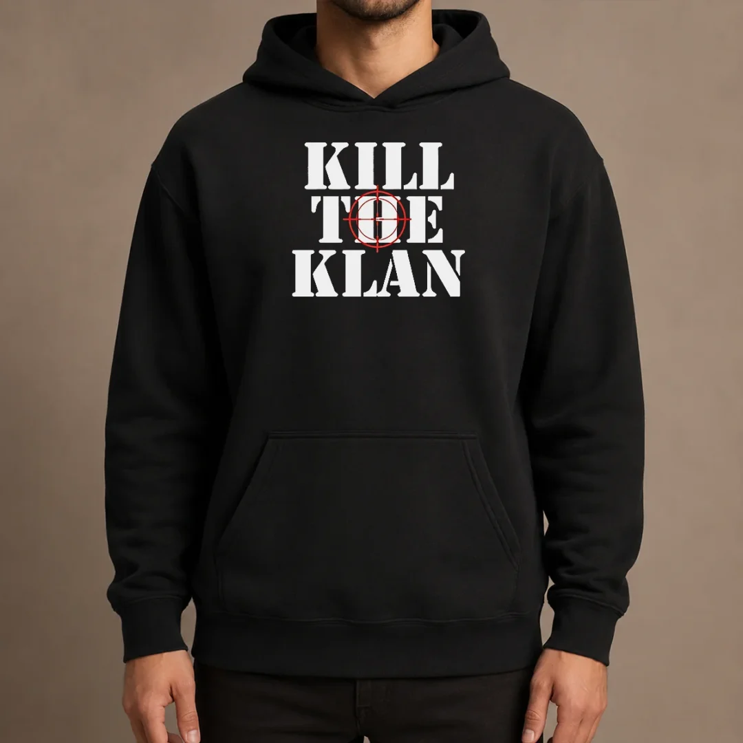 official-kill-the-klan-anti-racism-crosshair-target-graphic-statement-hoodie Official Kill The Klan Anti Racism Crosshair Target Graphic Statement Hoodie in black with bold front graphic
