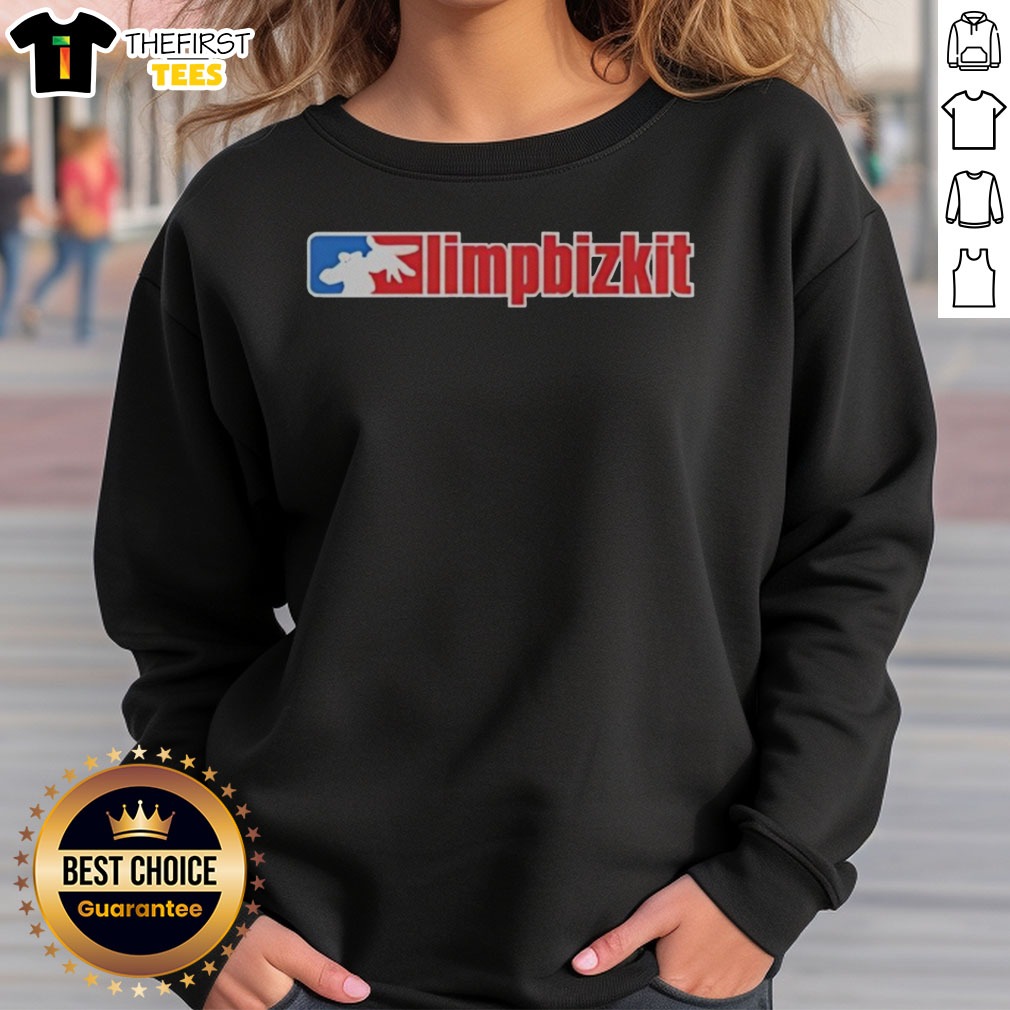 official-limp-bizkit-logo-major-league-baseball-parody-sports-band-music-fan-art-sweatshirt Official Limp Bizkit Logo Major League Baseball Parody Sports Band Music Fan Art Sweatshirt displayed on a hanger
