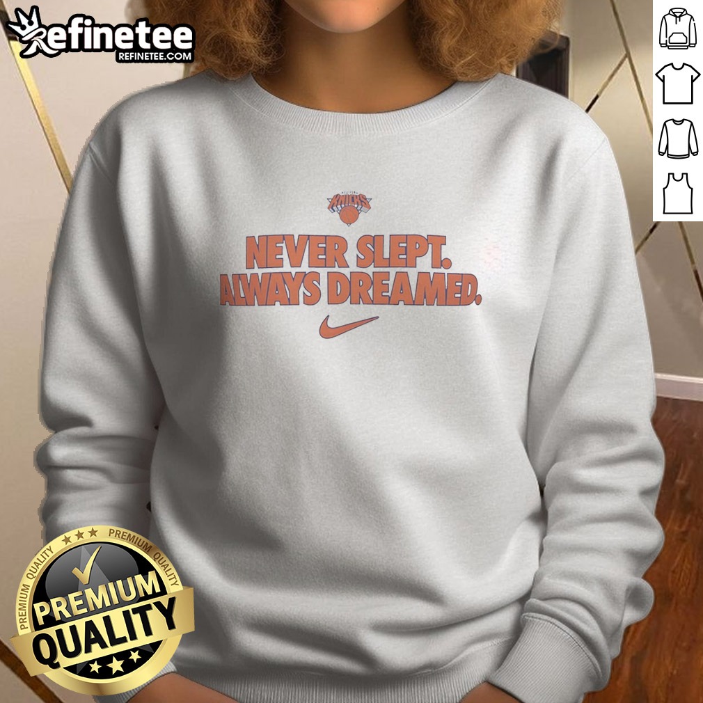 official-new-york-knicks-never-slept-always-dreamed-sweatshirt Official New York Knicks Never Slept Always Dreamed sweatshirt in navy blue with bold team graphic on front