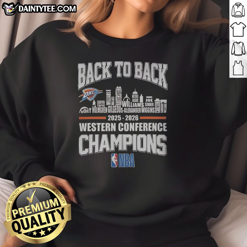 official-oklahoma-city-thunder-merch-west-conference-champions-back-to-back-2026-city-skyline-sweatshirt Official Oklahoma City Thunder Merch West Conference Champions Back To Back 2026 City Skyline Sweatshirt showcasing vibrant team colors.